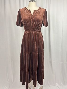 Women’s Velvet Tiered Short Sleeve Elastic Waist Maxi Dress Coffee Brown S